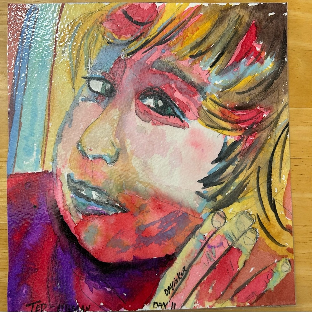 Original Vibrant watercolor Portrait with Red, Blue, and Yellow Accents